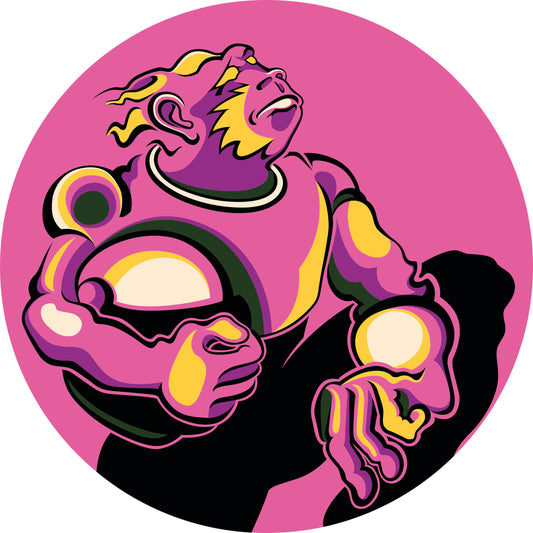 Abner Harris - Noble Ape - Circular vinyl sticker featuring a stylized, heroic ape figure in purple, yellow, and pink tones looking upward against a vibrant pink background.