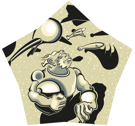 Abner Harris - Noble Ape - A unique pentagonal vinyl sticker featuring a heroic, stylized ape in a space-age setting. The character gazes upward as vintage-style rockets and blimps soar through a speckled, cosmic sky. Rendered in a bold, mid-century graphic style with cream, black, and grey tones.