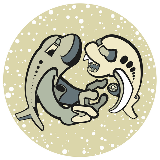 Abner Harris - Plane Fight - A circular vinyl sticker featuring a surrealist illustration of two anthropomorphic airplanes locked in a struggle. The characters are rendered with bold outlines and toothy grins against a speckled, starlit beige background. Perfect as a high-quality collectible decal for aviation fans.