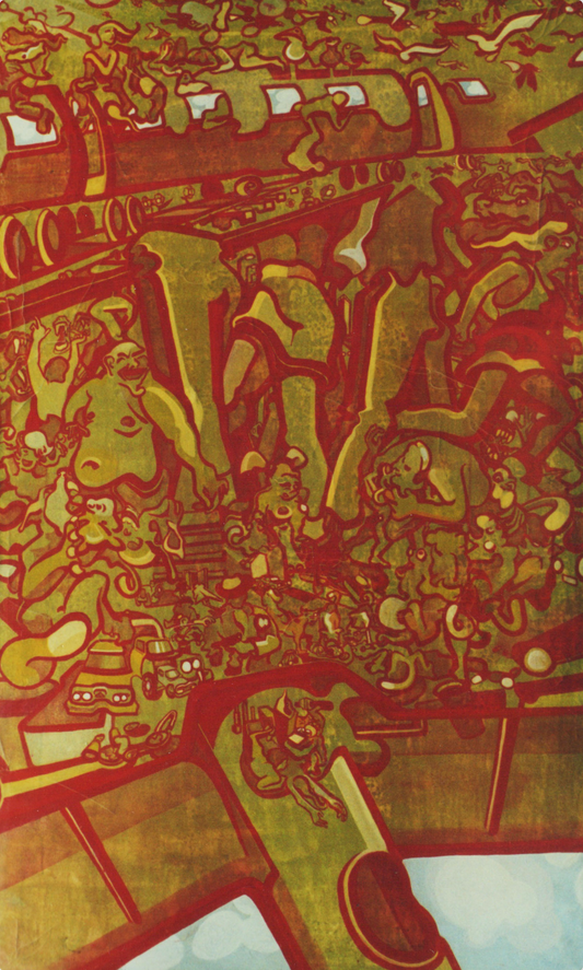 Abner Harris - Plane Trains - A high-energy, intricate acrylic painting featuring a chaotic, surrealist landscape of intersecting trains, aircraft, and whimsical figures. The composition uses a warm, vintage-inspired palette of ochre, deep red, and olive green with bold, fluid linework. This original work is hand-painted on stretched denim, where the heavy textile grain adds a rugged, industrial texture to the complex, maximalist imagery.