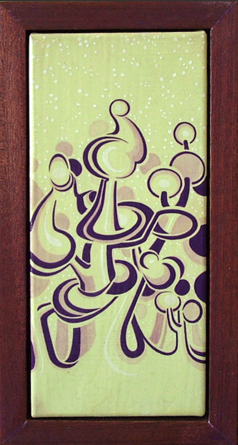 Abner Harris - Purple Trees - An original acrylic painting featuring a cluster of stylized, organic tree forms rendered in deep purple and soft lavender linework. The whimsical, swirling shapes are set against a pale lime-green background accented with delicate white speckles suggestive of a mystical atmosphere. Hand-painted on stretched linen and presented in a dark wood frame, the fine textile grain provides a sophisticated base for this graphic, modernist botanical study.