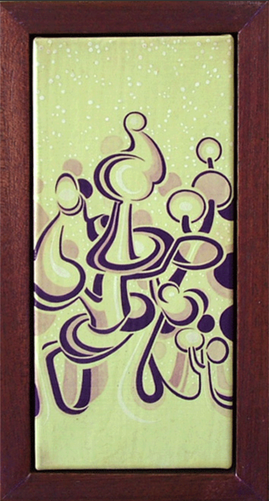 Abner Harris - Purple Trees - An original acrylic painting featuring a cluster of stylized, organic tree forms rendered in deep purple and soft lavender linework. The whimsical, swirling shapes are set against a pale lime-green background accented with delicate white speckles suggestive of a mystical atmosphere. Hand-painted on stretched linen and presented in a dark wood frame, the fine textile grain provides a sophisticated base for this graphic, modernist botanical study.