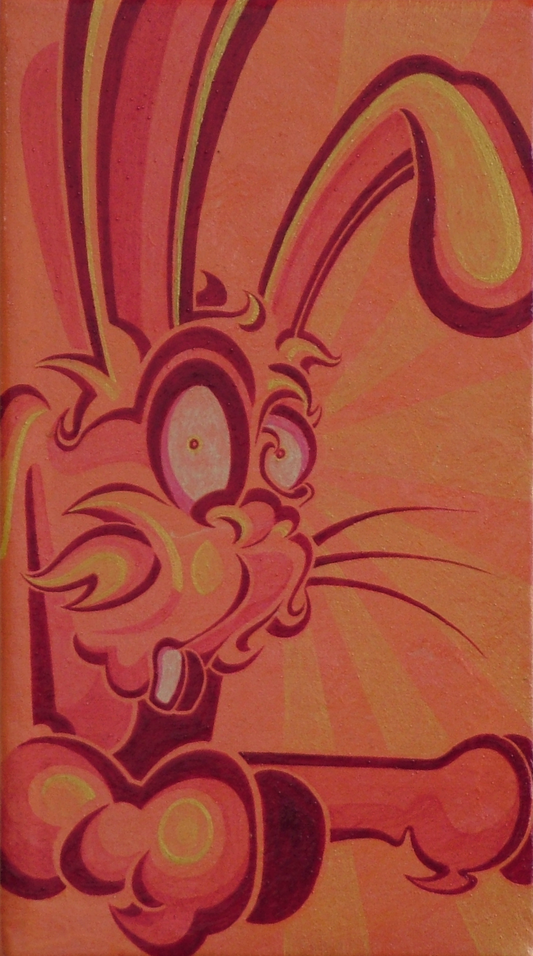 Abner Harris - Red Rabbit - A vibrant original acrylic painting featuring a stylized, high-energy rabbit character with large expressive eyes and flowing, rhythmic linework. The composition utilizes a warm monochromatic palette of crimson, salmon, and peach with a radiant sunburst background. Hand-painted on stretched linen, the fine textile weave enhances the fluid, graphic quality of this pop-surrealist portrait.