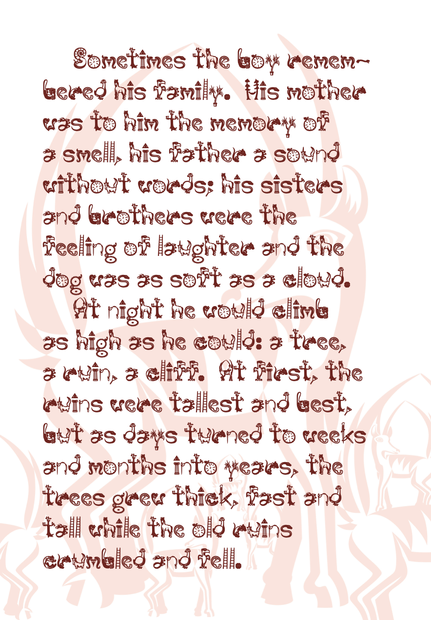 This page discusses the boy's fading memories of his family as sensory impressions—smells and sounds. Behind the brown decorative text is a faint red background silhouette depicting a group of deer or horned animals. The text mentions his dog being "soft as a cloud" as he learns to climb ruins and trees.