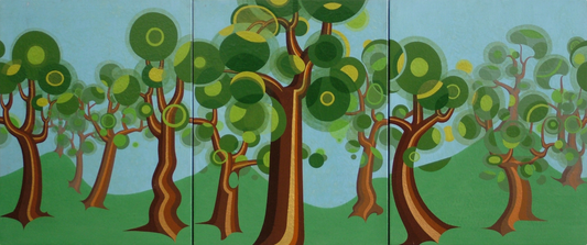 Abner Harris - Six Way Trees - An original acrylic triptych painting featuring a rhythmic panoramic forest of stylized trees with winding, ochre-toned trunks. The foliage is composed of overlapping, translucent green circles, creating a modernist, geometric canopy against a clear sky-blue background. This three-panel work is hand-painted on stretched linen, showcasing a fine textile grain and a serene, graphic nature aesthetic.