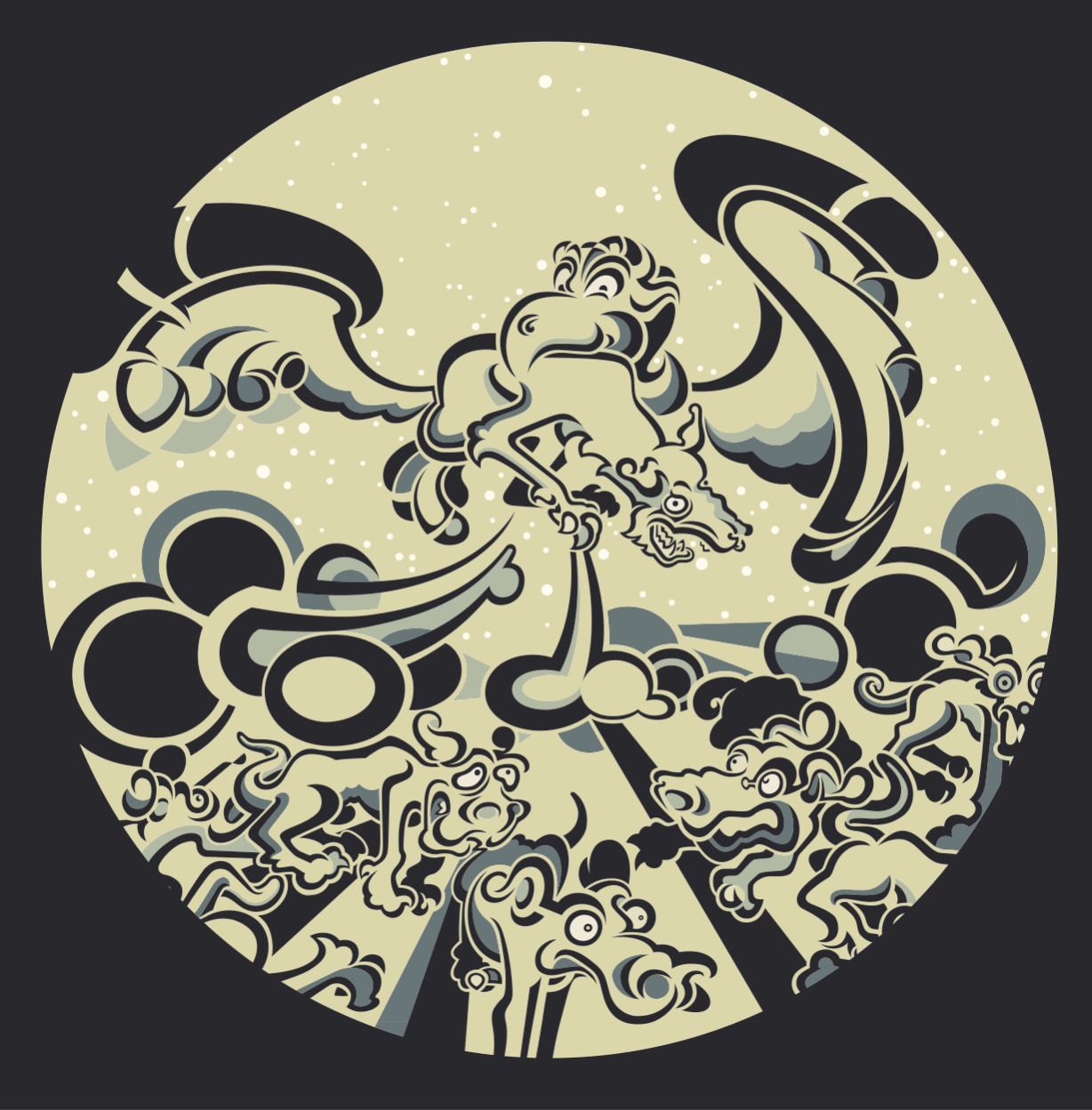 A dynamic vectored painting titled "Dog-Bird," contained within a circular frame. It shows a large, winged "dog-bird" hybrid creature soaring through a speckled sky. Below, several stylized canine figures with wide, nervous eyes look upward. The composition uses a muted palette of cream, grey, and slate blue, with bold, flowing outlines creating a sense of urgent movement.