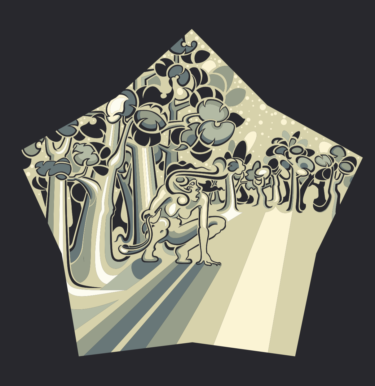 A vectored painting set within a pentagonal frame against a dark grey background. It depicts a stylized, crouched female figure—the "ancestress"—in a forest of rhythmic, curving trees. Bold, diagonal light rays cut across the forest floor, and the scene is rendered in a sophisticated monochromatic palette of grey, cream, and charcoal.