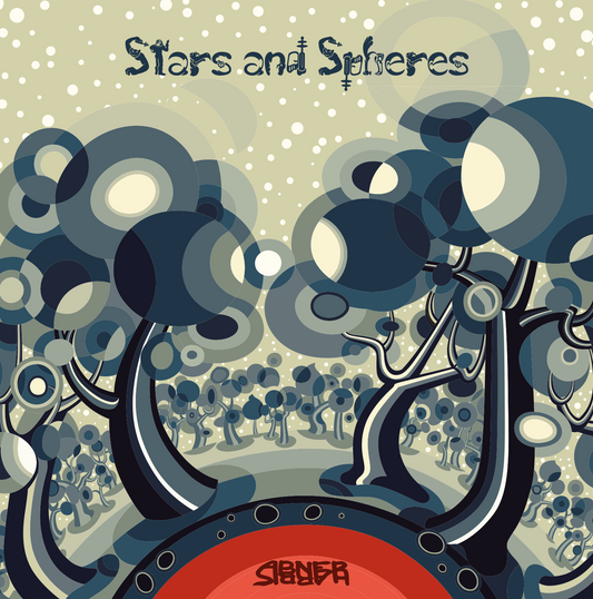 The book cover for "Stars and Spheres" by Abner Harris. The title is written in a custom artistic font at the top. The illustration features a dense, rhythmic forest of stylized trees with circular "sphere" foliage in various shades of blue and teal. The background is a pale cream sky filled with white "star" dots, while a bold red semi-circle containing the author's name anchors the bottom of the composition.
