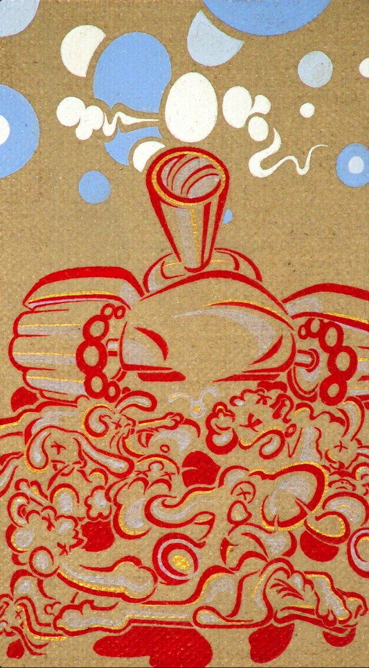 Abner Harris - Tank Toys - An original acrylic painting on stretched linen featuring a whimsical, stylized tank emitting white smoke and blue bubbles against a natural tan linen background. The tank and a chaotic pile of figures beneath it are rendered with bold red outlines and gold metallic accents. The playful, graphic composition utilizes the raw texture of the linen to contrast with the vibrant, flowing linework of the mechanical and character-based forms.