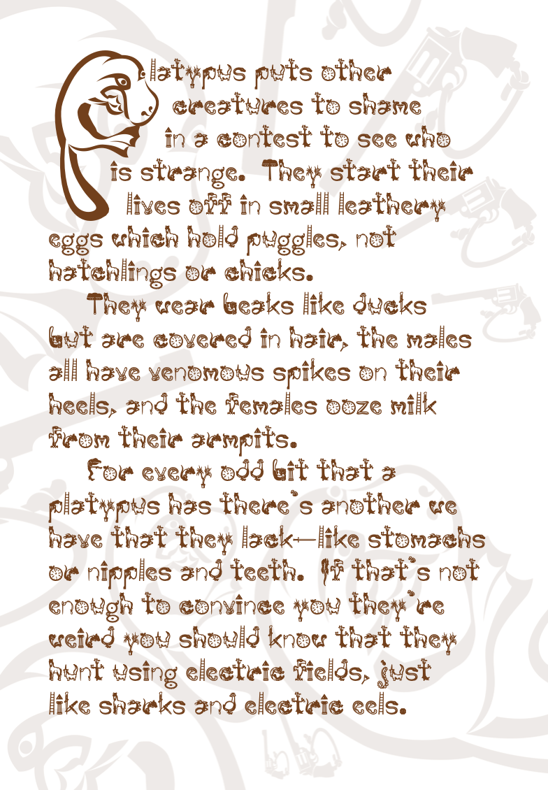 A text page detailing the unique biological traits of the platypus, including their "puggles" and electric-field hunting. The first letter, "P," is a large brown silhouette of a platypus. The rest of the text uses the artist's iconic icon-filled typography against a background of faint grey-brown silhouettes.