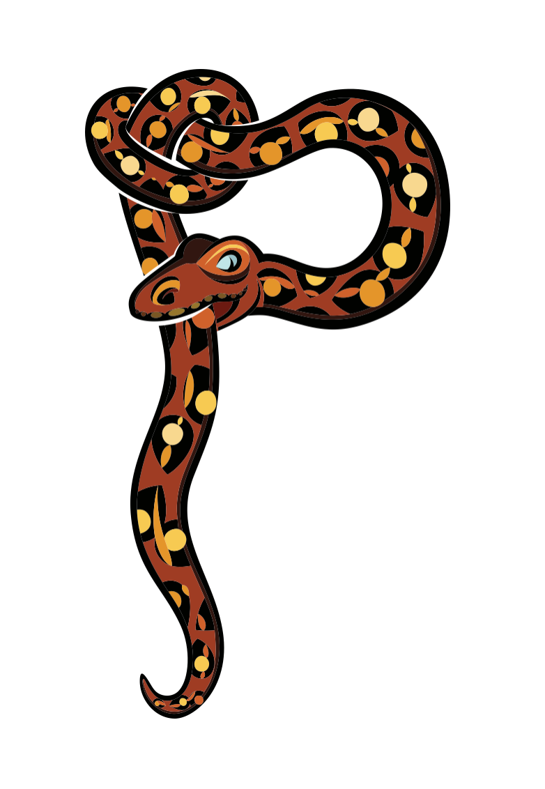 A bold vectored illustration of a python forming the shape of the letter "P". The snake is patterned with orange, yellow, and black circular scales and is coiled at the top to create the loop of the letter.