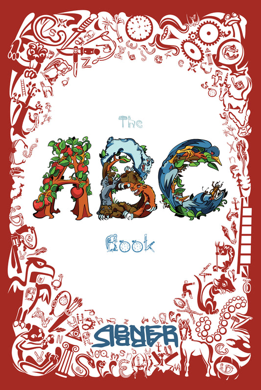 The cover of "The ABC Book" by Abner Harris. The central title features the letters "A," "B," and "C" rendered as complex, colorful illustrations of trees, animals, and birds. The white background is framed by a dense border of red-and-white silhouettes depicting various objects, creatures, and symbols. The author's name, "ABNER HARRIS," is featured at the bottom in a stylized blue font.