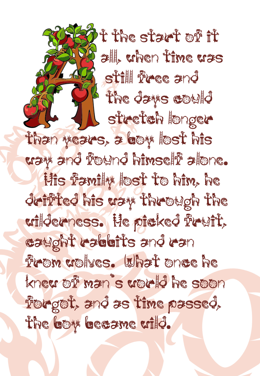 A narrative page where the opening letter "A" is a large, colorful illustration of a tree entwined with vines and ripe red apples. The text below tells of a boy becoming wild in a timeless wilderness. The page is distinguished by a large, faint red silhouette of a bird-like creature acting as a watermark behind the icon-filled typography.
