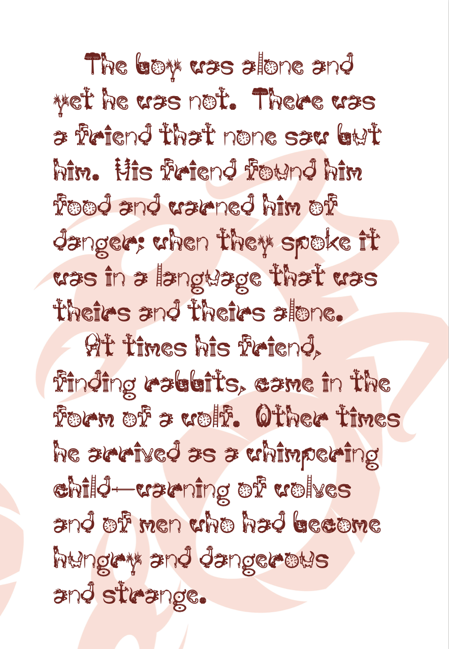 A text-heavy page describing the boy’s "invisible friend" who warns him of danger in a private language. The entire block of text is overlaid on a large, translucent red watermark of a stylized, sharp-edged creature silhouette. The font features intricate brown letters containing miniature ladders and clock faces.