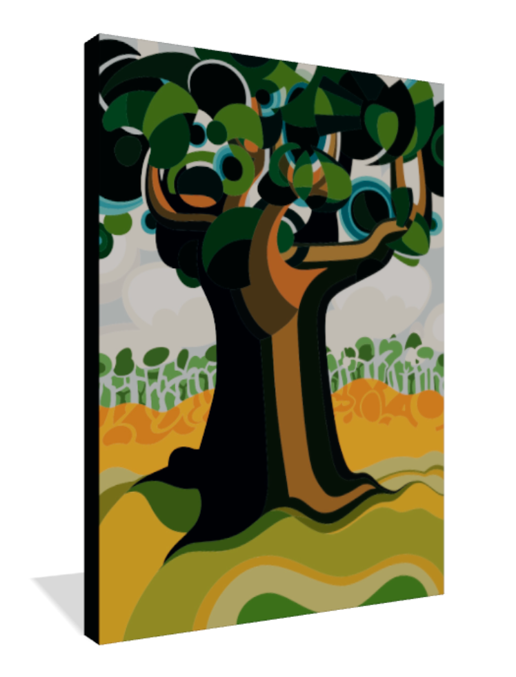 Abner Harris - Thick Tree - A 3/4 perspective view of the museum-quality Giclée canvas print. This angle highlights the archival texture and the seamless wrap of the bold, geometric nature design around the edges. The rich greens and warm ochre tones provide a striking, modernist energy perfect for a statement wall in any contemporary space.