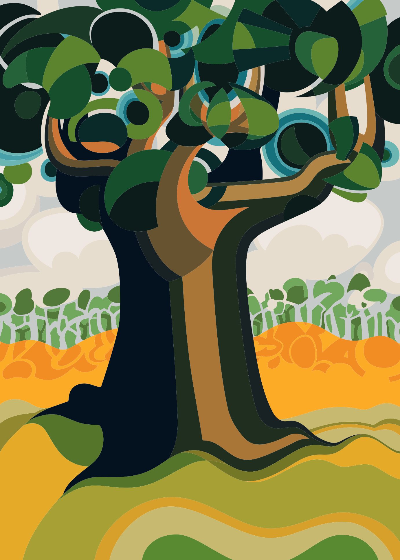 Abner Harris - Thick Tree - A vibrant, stylized illustration of a massive, ancient tree with a wide, segmented trunk. The foliage is rendered in interlocking circles and curved planes of forest green, teal, and navy, set against a backdrop of golden hills and a soft grey sky. Available as a high-definition acrylic glass print or a durable, premium vinyl sticker.
