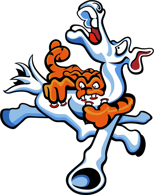 Abner Harris - Tiger Ass - High-energy surrealist sticker depicting a small, aggressive orange tiger attacking a large, white donkey-like creature with a wide-eyed expression.