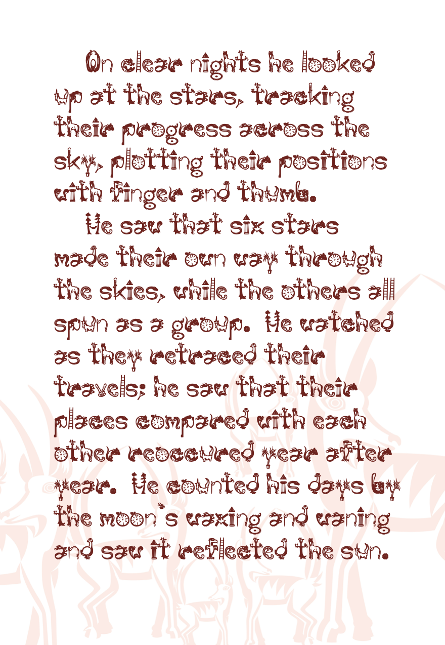 A page detailing how the boy plotted the positions of stars and tracked the moon's phases. The layout features a watermark silhouette of three gazelle-like animals in light red. The text explains how he watched six stars make their own path across the sky.