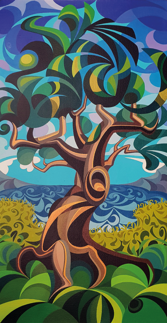 A vibrant acrylic painting on linen titled "Tree Claw," featuring a gnarled, anthropomorphic tree with a thick, twisting trunk that resembles a muscular limb rooted into a lush green foreground. The tree’s branches reach upward into a rhythmic canopy of stylized green and yellow leaves, set against a background of a churning blue sea and a purple-toned, geometric sky. The piece is characterized by clean, bold outlines and intricate, swirling patterns that emphasize the natural, woven texture of the linen ca