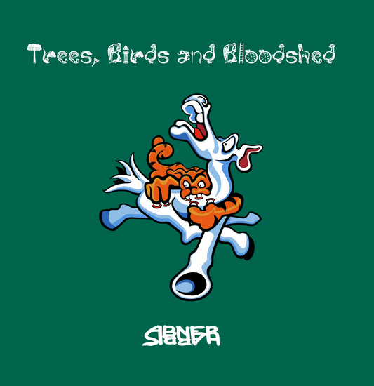 The book cover for "Trees, Birds and Bloodshed" by Abner Harris. Set against a solid teal background, the title and author's name are written in a unique, custom-designed decorative font. The central illustration features a high-contrast, vectored graphic of a tiger killing a mule, ass or horse