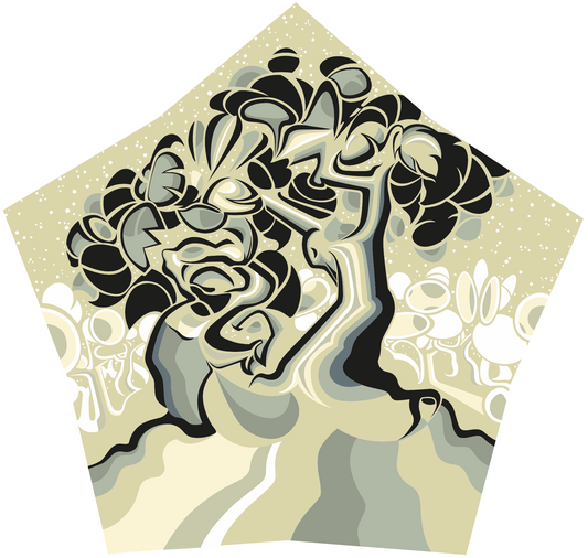 Abner Harris - Up Trees - A circular vinyl sticker featuring a hypnotic, radial pop surrealist design. Stylized tree trunks and ginkgo-like leaves spiral inward in a muted palette of cream, grey, and black. Available as a high-quality collectible decal.