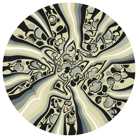 Abner Harris - Up Trees - A circular vinyl sticker featuring a hypnotic, radial pop surrealist design. Stylized tree trunks and ginkgo-like leaves spiral inward in a muted palette of cream, grey, and black. Available as a high-quality collectible decal.