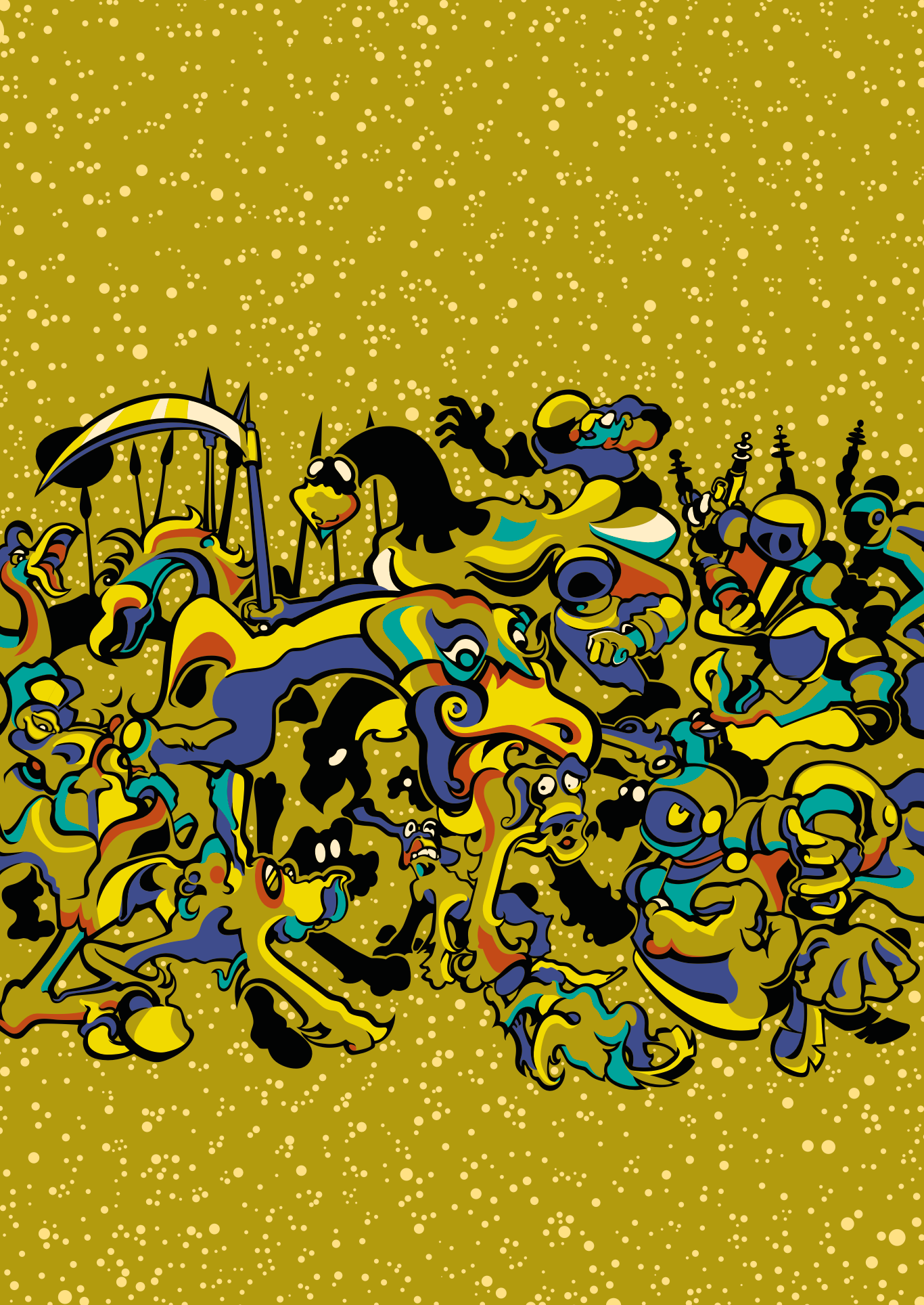 Abner Harris - War (Bile) - Chaotic and vibrant surrealist illustration featuring abstract figures, scythes, and machinery in olive green, mustard yellow, and deep blue against a speckled gold background.