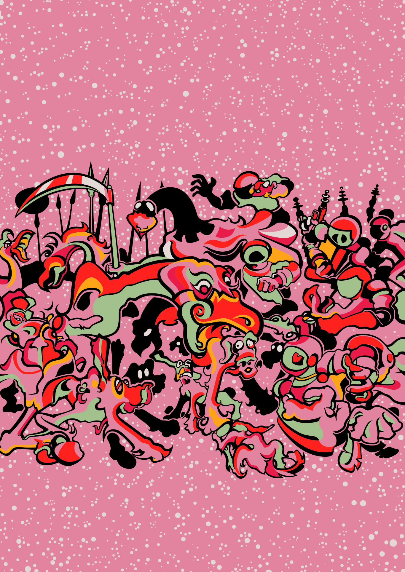 Abner Harris - War (Rose) - A chaotic, rhythmic battle scene featuring stylized alien figures, scythes, and retro-futuristic weaponry. The composition uses a bold palette of rose pink, coral, and deep charcoal against a cosmic speckled background. Available as a high-definition acrylic glass print or a durable vinyl sticker.
