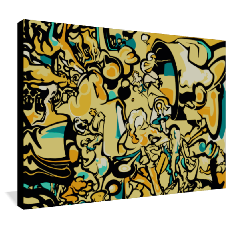Abner Harris - Yellow Dream - A 3/4 perspective view of the museum-quality Giclée canvas print. This angle highlights the archival texture of the canvas and the seamless wrap of the intricate, swirling yellow and teal design around the edges. The high-energy, graphic style makes it a striking statement piece for contemporary home or office decor.