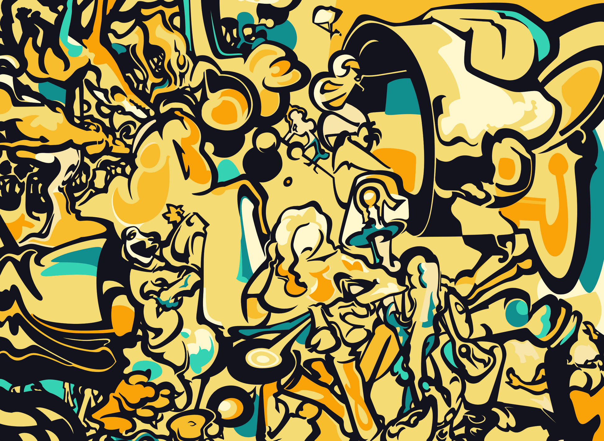 Abner Harris - Yellow Dream - A dense, sprawling composition of psychedelic, interlocking figures and organic forms. The artwork features a vibrant, high-contrast palette of lemon yellow, goldenrod, and teal accents grounded by bold black outlines. Available as a high-definition acrylic glass print or a durable, premium vinyl sticker with a modern graphic edge.