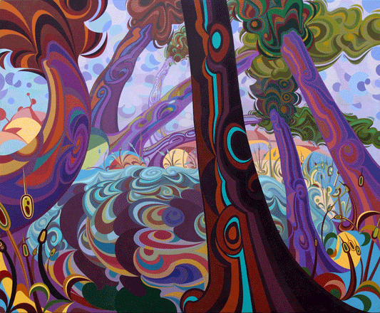 A vibrant painting on linen titled "Ant Trees" featuring towering, stylized trees with trunks decorated in psychedelic, swirling patterns of brown, purple, and teal. The forest floor is a rhythmic sea of multi-colored waves and teardrop shapes, with tall reeds punctuating the foreground. The sky is filled with soft, circular patterns and organic cloud forms. The composition uses bold, fluid lines and a rich, varied color palette, emphasizing the natural texture of the linen fabric.