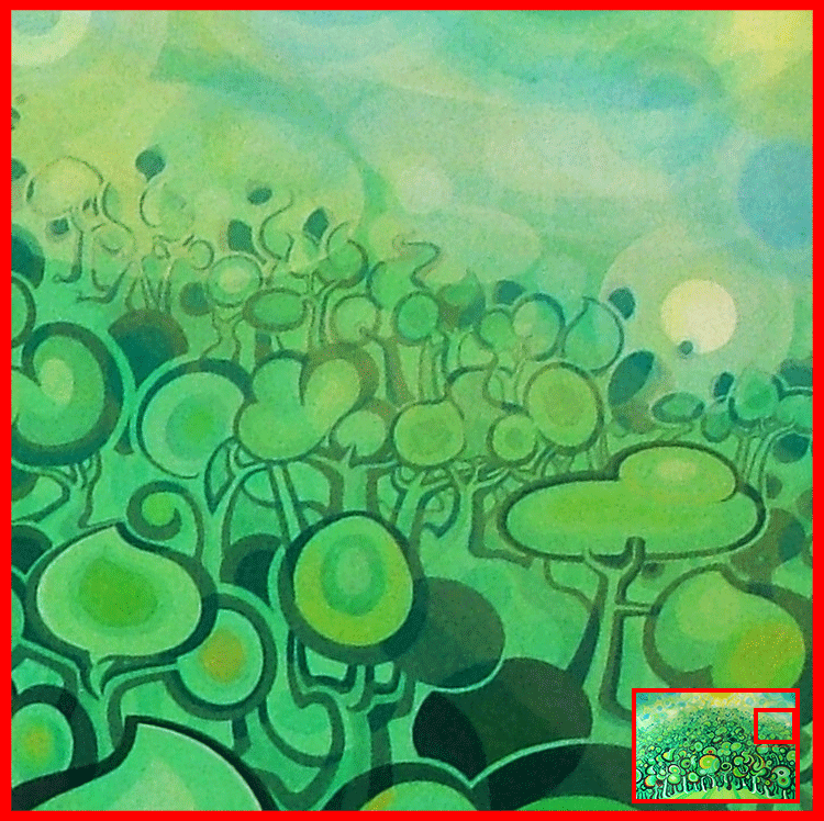 A detail of the far-right horizon from "Big Trees." The circular tree heads are rendered in pale, desaturated greens and whites, suggesting a vast distance covered in fog or intense sunlight. A single bright, white sun-like orb sits low on the horizon, surrounded by soft, circular lens-flare patterns.