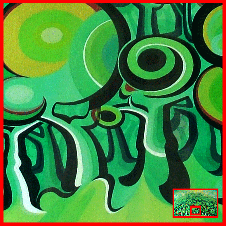 A focused crop of the lower-center section of the painting. This detail highlights the bold, dark outlines of the tree trunks and the intricate, rhythmic patterns within the leaves. Swirling black and green "eye" motifs are prominent, showcasing the organic, flowing energy of the foreground.