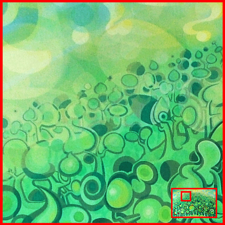 A detailed close-up of the upper-left quadrant of "Big Trees." The brushwork shows a soft, misty transition where the green circular tree forms blend into a pale, atmospheric sky. The linen texture is visible beneath layers of light green and yellow, creating a glowing, ethereal effect.