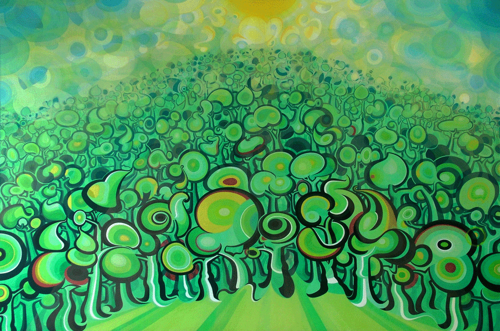 A wide-angle view of a large acrylic painting on linen titled "Big Trees." The composition features a dense, rolling horizon of stylized, circular green trees that resemble bubbles or lily pads. The forest transitions from vibrant, high-contrast greens in the foreground to soft, pale tones in the distance under a luminous, sun-drenched sky filled with translucent, swirling shapes.