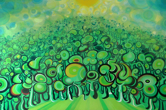 A wide-angle view of a large acrylic painting on linen titled "Big Trees." The composition features a dense, rolling horizon of stylized, circular green trees that resemble bubbles or lily pads. The forest transitions from vibrant, high-contrast greens in the foreground to soft, pale tones in the distance under a luminous, sun-drenched sky filled with translucent, swirling shapes.