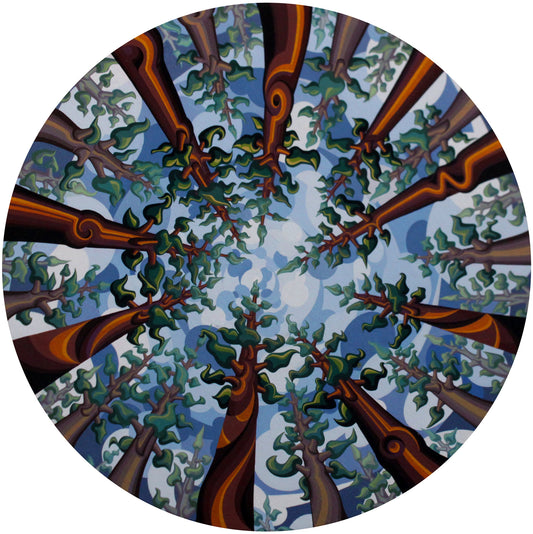 A circular acrylic painting on canvas titled "Big Up Trees," capturing an extreme worm's-eye view looking straight up into a forest canopy. Multiple stylized tree trunks with orange and brown swirling bark patterns converge toward a central point in a bright blue and white sky. The rhythmic, repetitive forms of the green leaves and reaching branches create a kaleidoscopic effect across the textured canvas surface.