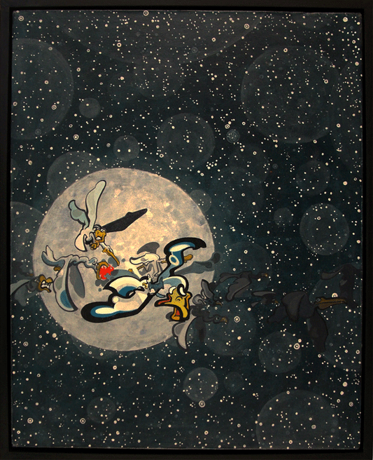 A vertical acrylic painting on canvas titled "Bird Moon" depicting a group of stylized, cartoonish birds in a dynamic struggle against the backdrop of a large, glowing full moon. The central bird features blue and white plumage with a bright yellow beak, surrounded by other avian figures in shades of grey and white. The entire scene is set against a dark teal night sky filled with a dense field of white stars and translucent, overlapping circular patterns that suggest a mystical or atmospheric effect.