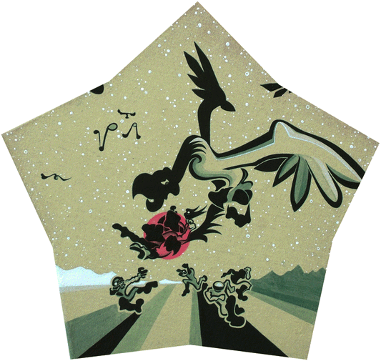 A pentagonal-shaped acrylic painting on linen titled "Bird Swoop." The artwork depicts a large, stylized bird with a dark silhouette and wide, sweeping wings diving toward the ground. The bird carries a small, dark figure against a vibrant pink circular sun or moon. Below, several small, cartoonish figures are seen running in various directions along a path or horizon line. The scene is set against a pale, speckled sky, and the composition uses bold, fluid lines and a muted color palette of cream, grey, and