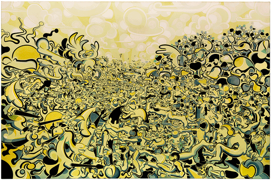A large-scale painting titled "Birds vs. Apes." The composition is a dense, swirling battlefield of cartoonish, stylized figures in a struggle. Apes on the ground clash with bird-like creatures and winged figures under a bright, cloud-filled sky with radiating sunbeams. The style uses thick black outlines and organic, flowing shapes.