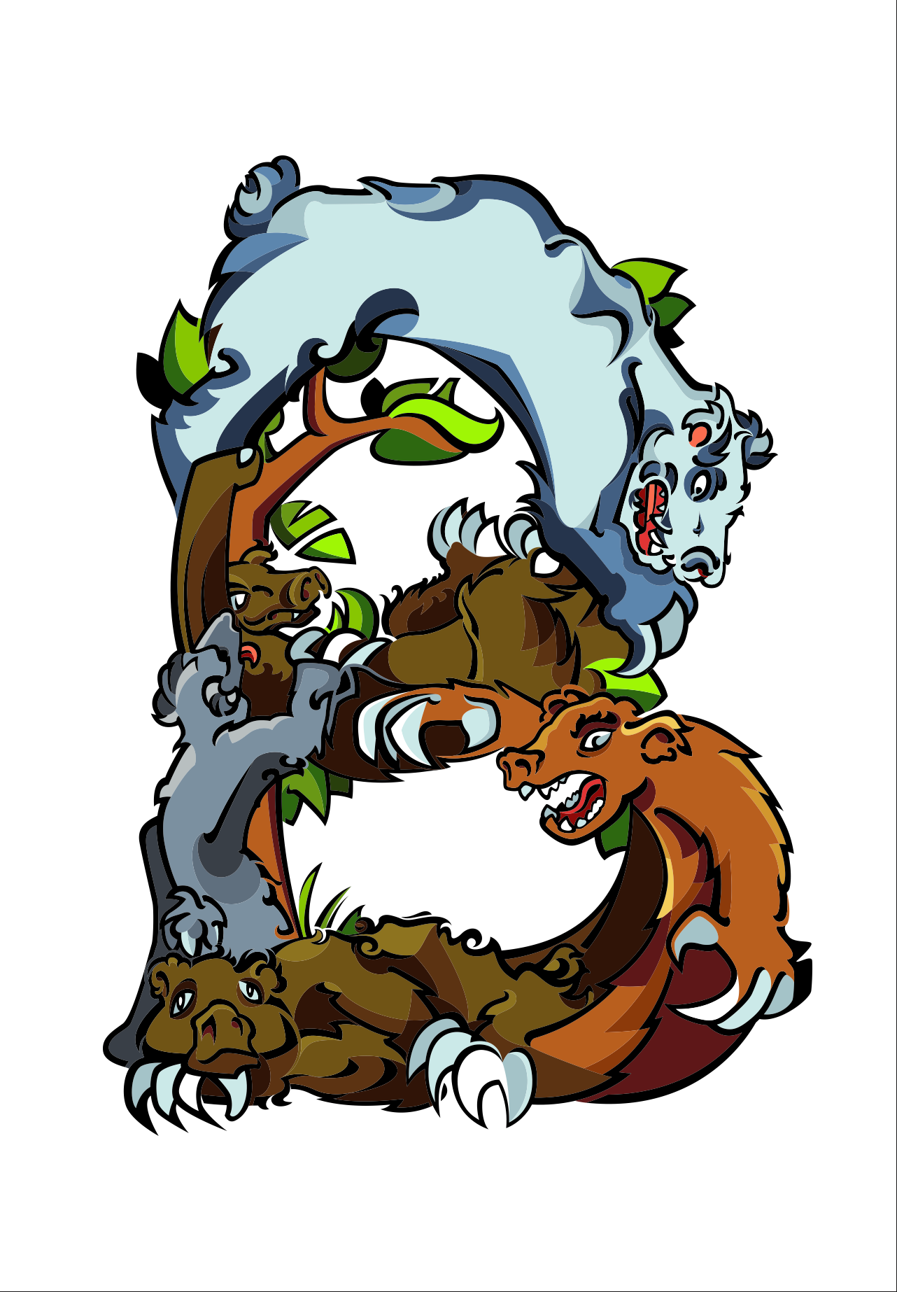 A full-page vectored illustration of the letter "B." The character is formed by several aggressive, stylized bears in shades of brown, grey, and blue. One bear is perched at the top while others wrestle within the curves of the letter, all rendered with clean, bold outlines and sharp, geometric features.