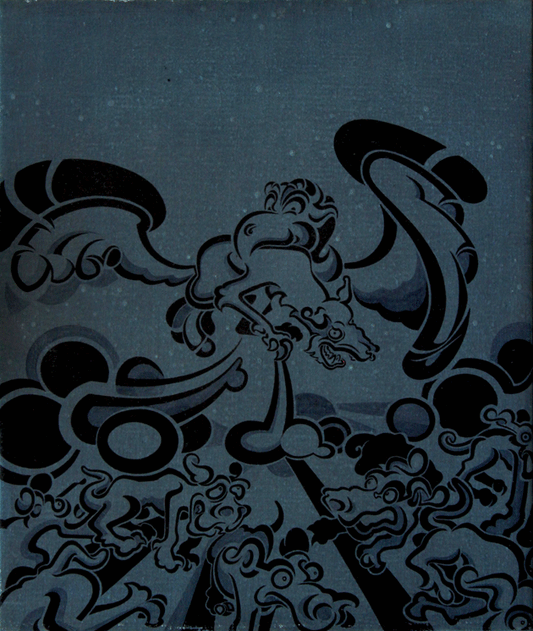 A vertical acrylic painting on linen titled "Dog Bird," rendered in a moody, monochromatic palette of dark teal and black. The composition features a large, winged canine figure with a fierce expression and open jaws, swooping down from the sky. Below, a pack of similar stylized dogs is depicted in a chaotic struggle on the ground, characterized by swirling, organic shapes and thick black outlines. The entire scene is set against a dark, atmospheric sky with faint speckles, with the natural woven texture of