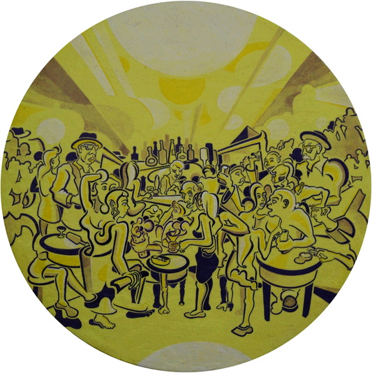 A circular acrylic painting on linen titled "Drinking," depicting a crowded, lively bar scene in a monochromatic yellow and dark purple palette. The composition is filled with stylized, cartoonish figures standing and sitting around small café tables, holding glasses and engaging in conversation. Behind the crowd, a bar counter displays various bottle silhouettes under a luminous, sun-like glow with radiating beams and floating circular shapes. The artwork features bold, dark outlines and a rhythmic, bustli