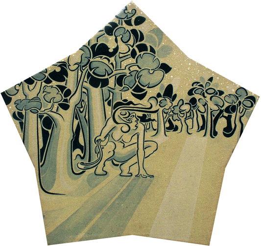 A pentagonal-shaped acrylic painting on linen titled "Girl with a Sling." The artwork features a stylized, crouched female figure in a dynamic pose, holding a sling behind her back as she prepares to throw. She is positioned on a diagonal path or clearing, flanked by dense, abstract trees with rounded, overlapping foliage rendered in muted blues and greys. The composition uses thick, flowing outlines and a restricted palette of cream, tan, and dark blue, with the natural woven texture of the linen fabric vi