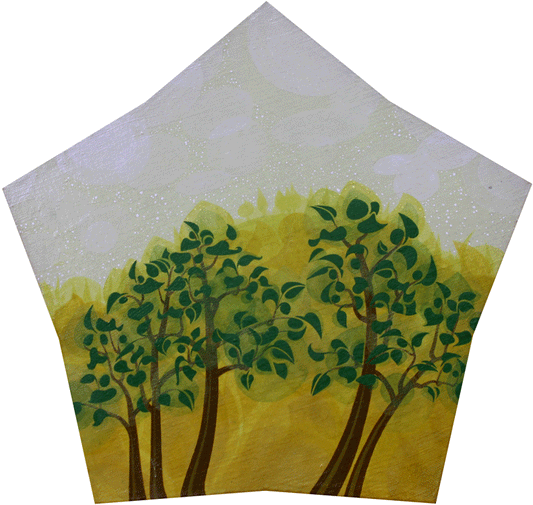 A pentagonal-shaped acrylic painting on linen titled "Green Tree Star." The composition features several slender trees with dark brown trunks and vibrant green, teardrop-shaped leaves against a glowing golden-yellow background. The upper portion of the star-shaped canvas depicts a pale, atmospheric sky filled with soft white circular patterns and fine speckles, showcasing the natural woven texture of the linen.
