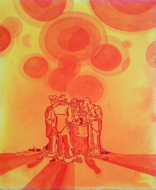 A vertical painting on linen titled "Hobos" depicting stylized, cartoonish figures gathered around a barrel fire pit. The scene uses a warm palette of oranges, corals, and yellows. Silhouettes of bottles and cans scatter the base. The yellow background features large, overlapping orange orbs, while the ground is marked by radiating diagonal stripes. The natural linen texture is visible throughout.