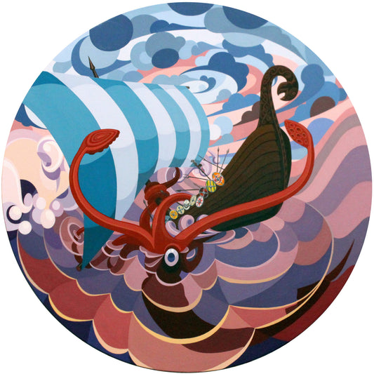 A circular acrylic painting on canvas titled "Kraken," depicting a dramatic maritime struggle between a giant red squid and a Viking longship. The kraken’s massive tentacles coil around the dark wooden hull of the ship, which is outfitted with colorful shields along its side and a blue-and-white striped sail. The scene is set amidst a stylized, churning sea of purple and pink waves under a turbulent sky of grey and blue clouds, all rendered with clean lines and rhythmic, organic shapes on a textured canvas.