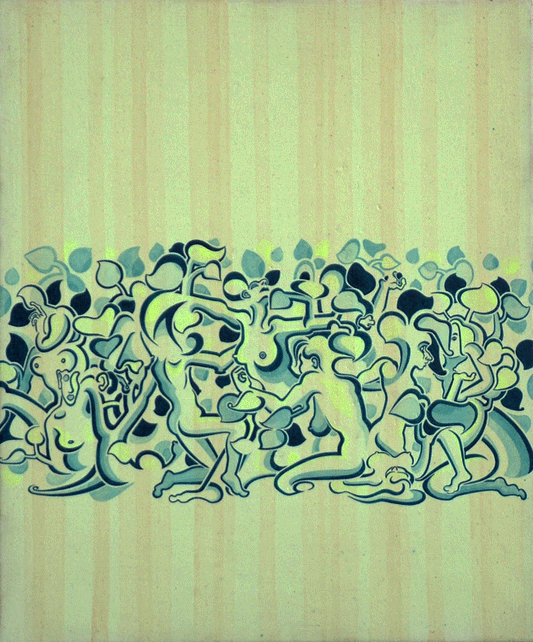 A vertical acrylic painting on linen titled "Lady Stripe," featuring a horizontal band of stylized, interconnected female figures and organic leaf shapes across the lower half of the canvas. The figures are rendered in a cool palette of pale mint, teal, and dark blue with bold, fluid outlines. The background consists of a cream-colored field with subtle, vertical peach-colored stripes that extend across the entire composition. The natural, woven texture of the linen panel is clearly visible, adding a tactil