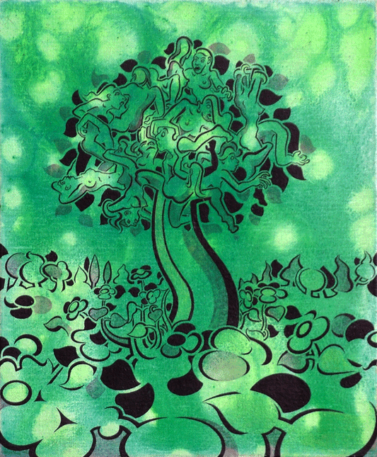 A vertical painting on linen titled "Lady Tree" featuring a stylized tree with a canopy composed of nude female figures and leaves. The scene is rendered in vibrant shades of green with bold, dark outlines. A meadow of bulbous floral shapes surrounds the base, set against an atmospheric background with glowing circular patterns. The natural linen texture is visible throughout.