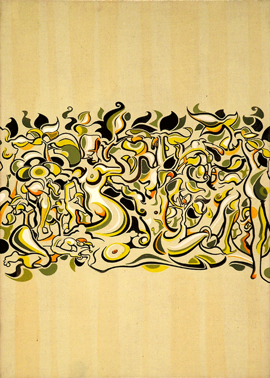 Abner Harris - Lady Tree Stripe - An original acrylic painting on stretched linen featuring a dense, horizontal band of interlocking figures and organic, leafy forms. The intricate composition uses a palette of olive green, mustard yellow, cream, and black, with flowing linework that creates a hidden, rhythmic forest of human and botanical shapes. The artwork is set against a subtle, cream-colored vertical striped background, utilizing the fine grain of the linen for a sophisticated, textile-rich finish.